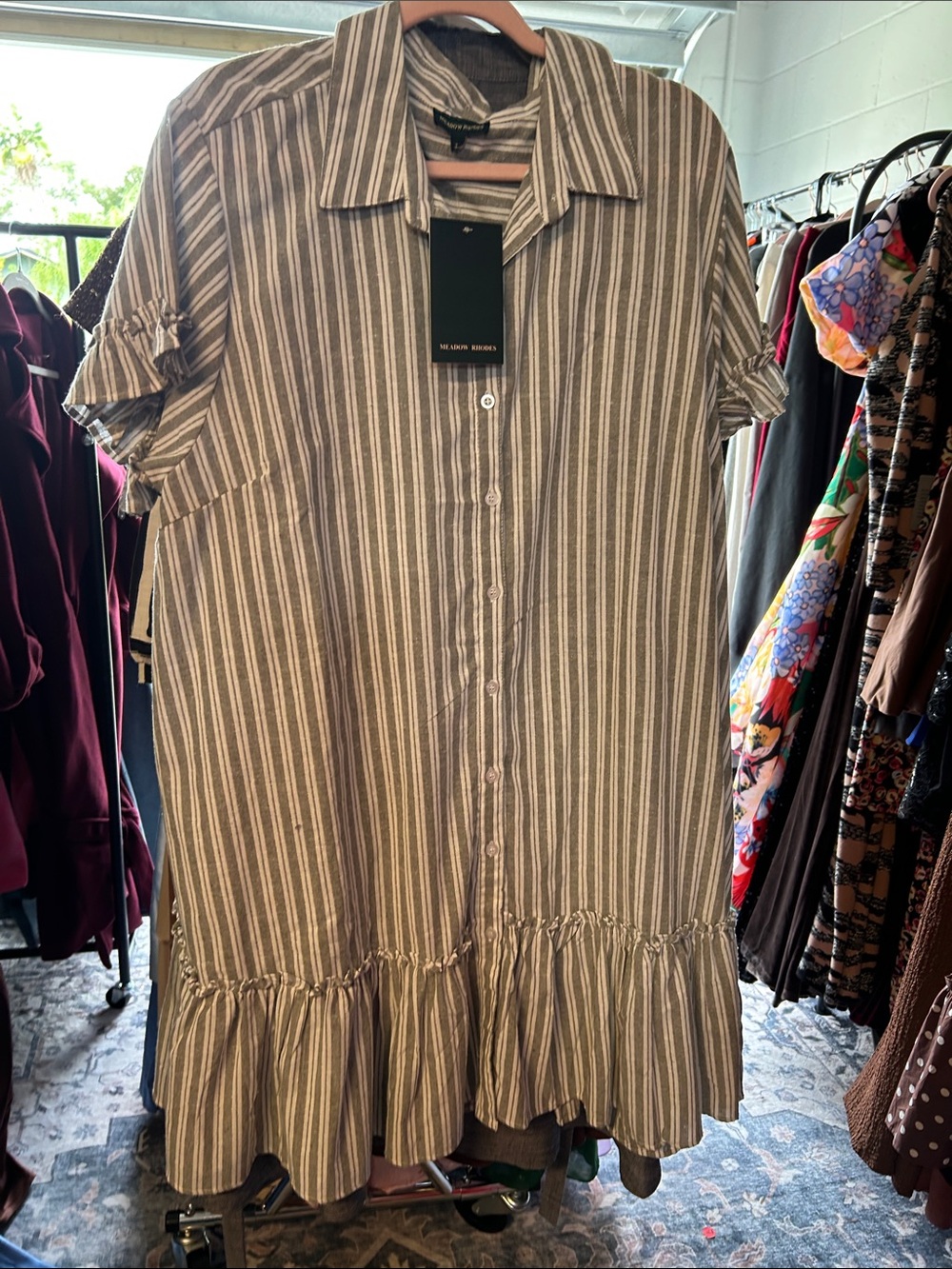 Striped Button-Front Ruffle Hem Dress - Taupe